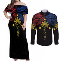 Philippines Heritage Personalized Couples Matching Off Shoulder Maxi Dress and Long Sleeve Button Shirt Baybayin Philipinas Sun