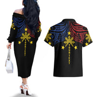 Philippines Heritage Personalized Couples Matching Off The Shoulder Long Sleeve Dress and Hawaiian Shirt Baybayin Philipinas Sun