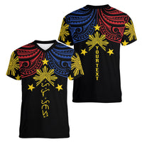 Philippines Heritage Personalized Women V-Neck T-Shirt Baybayin Philipinas Sun