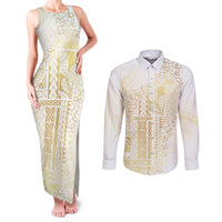 Samoa Lotu Tamaiti Mamanu Siapo Couples Matching Tank Maxi Dress and Long Sleeve Button Shirt Golden Plumeria - Polynesian Pride