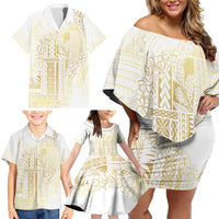 Samoa Lotu Tamaiti Mamanu Siapo Family Matching Off Shoulder Short Dress and Hawaiian Shirt Golden Plumeria - Polynesian Pride