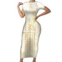 Samoa Lotu Tamaiti Mamanu Siapo Short Sleeve Bodycon Dress Golden Plumeria - Polynesian Pride