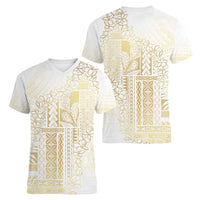 Samoa Lotu Tamaiti Mamanu Siapo Women V-Neck T-Shirt Golden Plumeria - Polynesian Pride