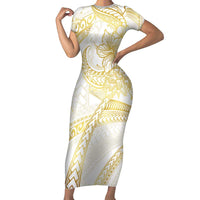 Samoa Lotu Tamaiti Gold Short Sleeve Bodycon Dress Teuila Tatau - Polynesian Pride