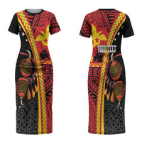 Papua New Guinea Independence Personalised Couples Matching Short Sleeve Bodycon Dress and Hawaiian Shirt PNG Bagi and Lime Pot LT7 - Polynesian Pride