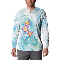Sea Blue Polynesian Jellyfish Button Sweatshirt Watercolor Glows - Polynesian Pride
