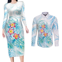 Sea Blue Polynesian Jellyfish Couples Matching Long Sleeve Bodycon Dress and Long Sleeve Button Shirt Watercolor Glows - Polynesian Pride