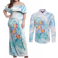 Sea Blue Polynesian Jellyfish Couples Matching Off Shoulder Maxi Dress and Long Sleeve Button Shirt Watercolor Glows - Polynesian Pride