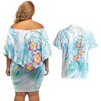 Sea Blue Polynesian Jellyfish Couples Matching Off Shoulder Short Dress and Hawaiian Shirt Watercolor Glows - Polynesian Pride