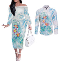 Sea Blue Polynesian Jellyfish Couples Matching Off The Shoulder Long Sleeve Dress and Long Sleeve Button Shirt Watercolor Glows - Polynesian Pride
