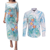 Sea Blue Polynesian Jellyfish Couples Matching Puletasi and Long Sleeve Button Shirt Watercolor Glows - Polynesian Pride