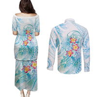Sea Blue Polynesian Jellyfish Couples Matching Puletasi and Long Sleeve Button Shirt Watercolor Glows - Polynesian Pride