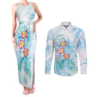 Sea Blue Polynesian Jellyfish Couples Matching Tank Maxi Dress and Long Sleeve Button Shirt Watercolor Glows - Polynesian Pride