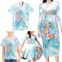 Sea Blue Polynesian Jellyfish Family Matching Long Sleeve Bodycon Dress and Hawaiian Shirt Watercolor Glows LT7 - Polynesian Pride