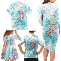 Sea Blue Polynesian Jellyfish Family Matching Long Sleeve Bodycon Dress and Hawaiian Shirt Watercolor Glows LT7 - Polynesian Pride