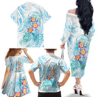 Sea Blue Polynesian Jellyfish Family Matching Off The Shoulder Long Sleeve Dress and Hawaiian Shirt Watercolor Glows - Polynesian Pride