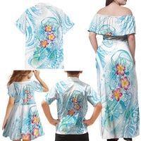 Sea Blue Polynesian Jellyfish Family Matching Off Shoulder Maxi Dress and Hawaiian Shirt Watercolor Glows - Polynesian Pride