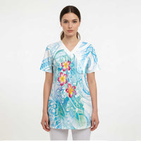Sea Blue Polynesian Jellyfish Scrub Top Watercolor Glows - Polynesian Pride