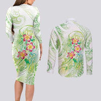 Summer Green Polynesian Jellyfish Couples Matching Long Sleeve Bodycon Dress and Long Sleeve Button Shirt Watercolor Glows - Polynesian Pride