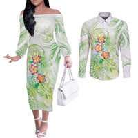 Summer Green Polynesian Jellyfish Couples Matching Off The Shoulder Long Sleeve Dress and Long Sleeve Button Shirt Watercolor Glows - Polynesian Pride