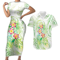 Summer Green Polynesian Jellyfish Couples Matching Short Sleeve Bodycon Dress and Hawaiian Shirt Watercolor Glows - Polynesian Pride