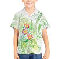 Summer Green Polynesian Jellyfish Family Matching Off The Shoulder Long Sleeve Dress and Hawaiian Shirt Watercolor Glows - Polynesian Pride