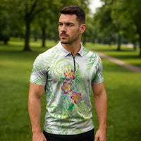Summer Green Polynesian Jellyfish Zipper Polo Shirt Watercolor Glows - Polynesian Pride