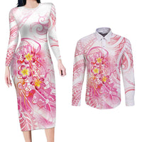 Rose Pink Polynesian Jellyfish Couples Matching Long Sleeve Bodycon Dress and Long Sleeve Button Shirt Watercolor Glows - Polynesian Pride