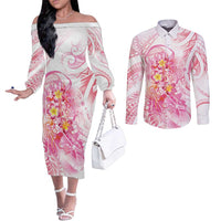 Rose Pink Polynesian Jellyfish Couples Matching Off The Shoulder Long Sleeve Dress and Long Sleeve Button Shirt Watercolor Glows - Polynesian Pride