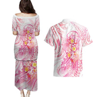 Rose Pink Polynesian Jellyfish Couples Matching Puletasi and Hawaiian Shirt Watercolor Glows - Polynesian Pride