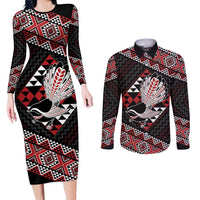 Taniko Aotearoa Couples Matching Long Sleeve Bodycon Dress and Long Sleeve Button Shirt Poutama Mix Piwakawaka