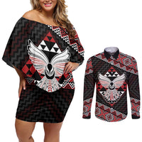 Taniko Aotearoa Couples Matching Off Shoulder Short Dress and Long Sleeve Button Shirt Poutama Mix Piwakawaka - Ver02