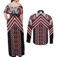 Maori Tukutuku Taniko Motifs Couples Matching Off Shoulder Maxi Dress and Long Sleeve Button Shirt Red Poutama Mix Kowhaiwhai LT7 - Polynesian Pride