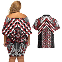 Maori Tukutuku Taniko Motifs Couples Matching Off Shoulder Short Dress and Hawaiian Shirt Red Poutama Mix Kowhaiwhai