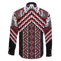 Maori Tukutuku Taniko Motifs Family Matching Off The Shoulder Long Sleeve Dress and Hawaiian Shirt Red Poutama Mix Kowhaiwhai
