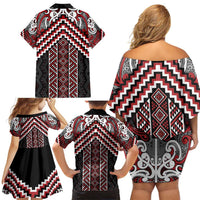 Maori Tukutuku Taniko Motifs Family Matching Off Shoulder Short Dress and Hawaiian Shirt Red Poutama Mix Kowhaiwhai