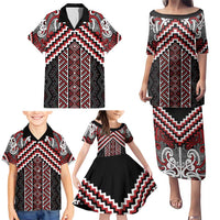 Maori Tukutuku Taniko Motifs Family Matching Puletasi and Hawaiian Shirt Red Poutama Mix Kowhaiwhai