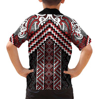 Maori Tukutuku Taniko Motifs Family Matching Short Sleeve Bodycon Dress and Hawaiian Shirt Red Poutama Mix Kowhaiwhai