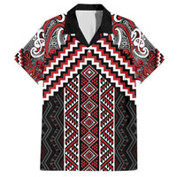 Maori Tukutuku Taniko Motifs Family Matching Short Sleeve Bodycon Dress and Hawaiian Shirt Red Poutama Mix Kowhaiwhai