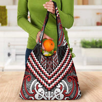 Maori Tukutuku Taniko Motifs Grocery Bag Red Poutama Mix Kowhaiwhai