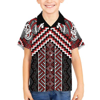 Maori Tukutuku Taniko Motifs Kid Hawaiian Shirt Red Poutama Mix Kowhaiwhai