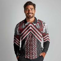 Maori Tukutuku Taniko Motifs Long Sleeve Polo Shirt Red Poutama Mix Kowhaiwhai