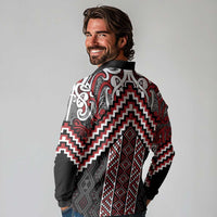 Maori Tukutuku Taniko Motifs Long Sleeve Polo Shirt Red Poutama Mix Kowhaiwhai