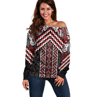 Maori Tukutuku Taniko Motifs Off Shoulder Sweater Red Poutama Mix Kowhaiwhai