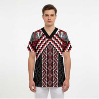 Maori Tukutuku Taniko Motifs Scrub Top Red Poutama Mix Kowhaiwhai - Polynesian Pride
