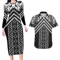 Maori Tukutuku Taniko Motifs Couples Matching Long Sleeve Bodycon Dress and Hawaiian Shirt Black Poutama Mix Kowhaiwhai