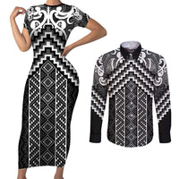 Maori Tukutuku Taniko Motifs Couples Matching Short Sleeve Bodycon Dress and Long Sleeve Button Shirt Black Poutama Mix Kowhaiwhai LT7 Black - Polynesian Pride