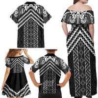 Maori Tukutuku Taniko Motifs Family Matching Off Shoulder Maxi Dress and Hawaiian Shirt Black Poutama Mix Kowhaiwhai