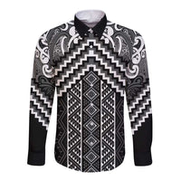 Maori Tukutuku Taniko Motifs Long Sleeve Button Shirt Black Poutama Mix Kowhaiwhai