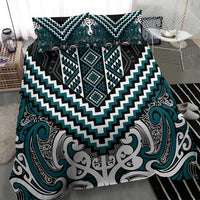 Maori Tukutuku Taniko Motifs Bedding Set Teal Poutama Mix Kowhaiwhai